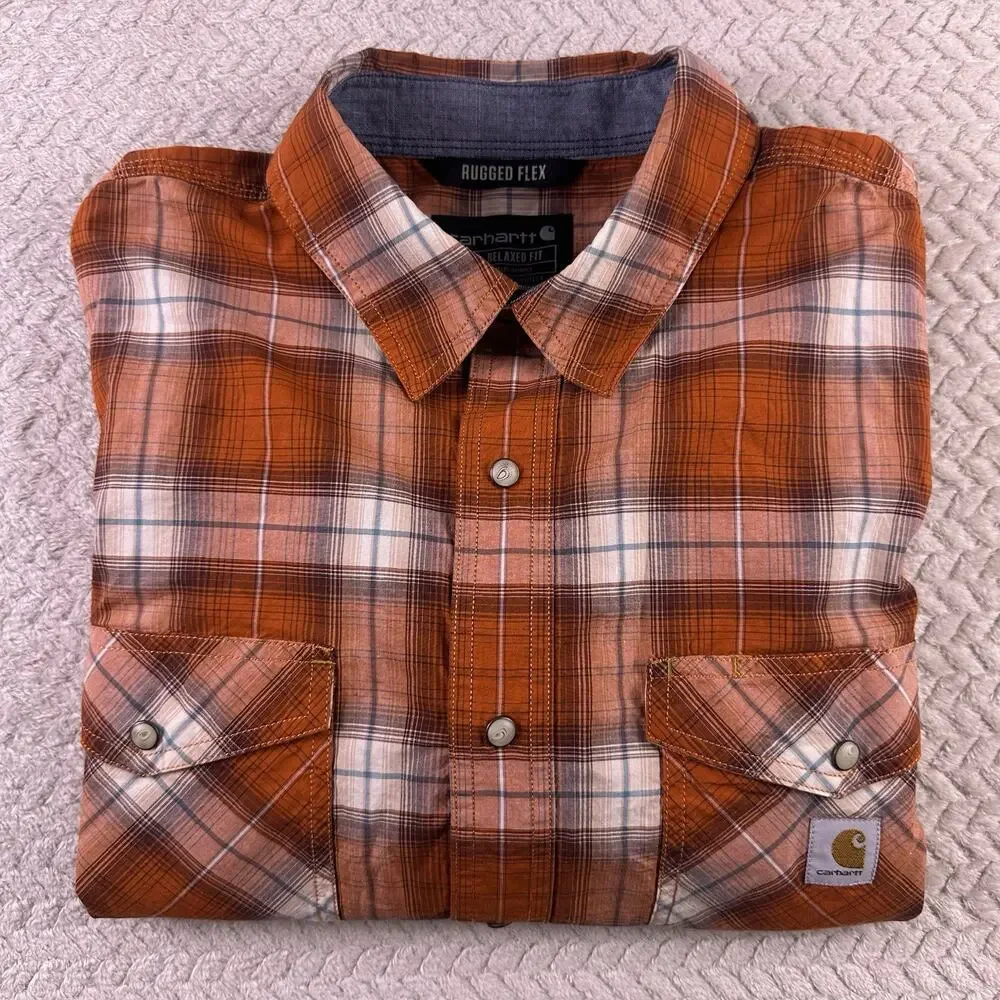 Carhartt Men’s‎ XL Pearl Snap Orange Plaid Relaxed Fit Rugged Flex